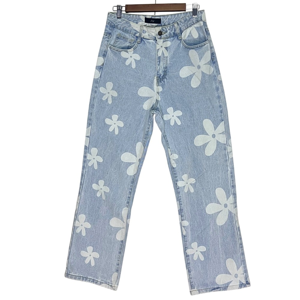 Juny Light Wash Flower Power AOP Straight To Wide Leg Jeans Hippie Sky Blue M